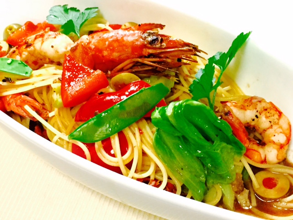 春キャベツと海老のコクうまペペロンチーノ